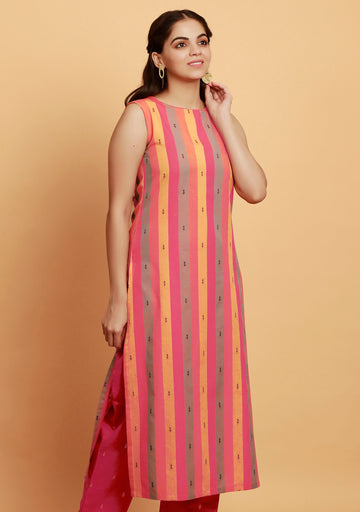 Pink Multicolor Straight Sleeveless Boat Neck Woven Kurta